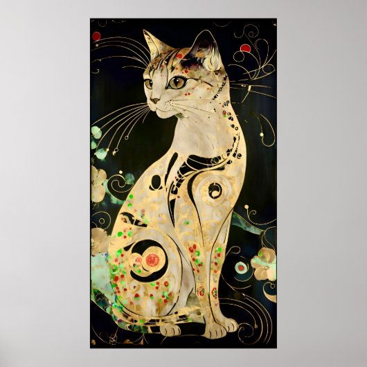Art Nouveau Golden Cat op zwart Poster (Voorkant)