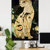 Art Nouveau Golden Cat op zwart Poster (Thuiskantoor)