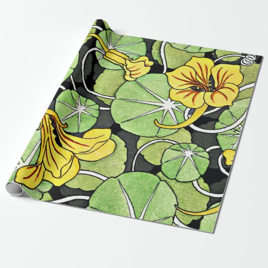 Art Nouveau Golden Yellow Nasturtium patroon Cadeaupapier (Uitgerold)