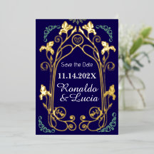 Art Nouveau Goud Blauw Botanisch Save the Date