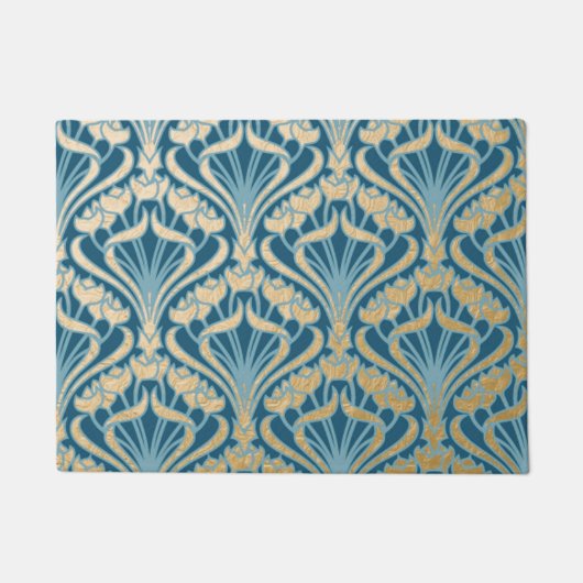 Art Nouveau, goud, blauwgroen, damask, floral, pat Deurmat (Voorkant)