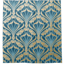 Art nouveau, goud, blauwgroen, patroon, vouw, Vict Douchegordijn