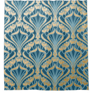 Art nouveau, goud, blauwgroen, patroon, vouw, Vict Douchegordijn