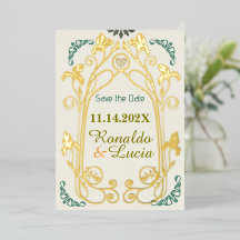 Art Nouveau Goud Groen Botanisch Save the Date