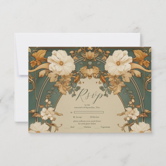 Art Nouveau Gouden Botanische Boog Huwelijk RSVP Kaartje (Voorkant)