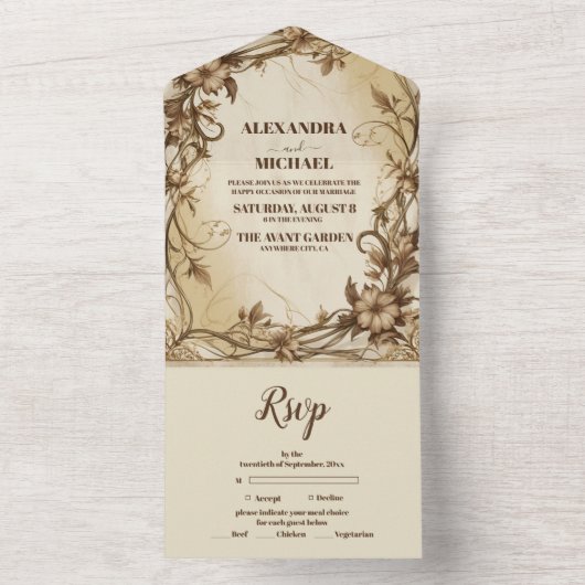 Art Nouveau Gouden Botanische Huwelijk All In One Uitnodiging (Binnen)