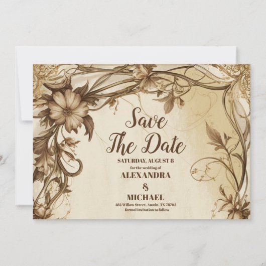 Art Nouveau Gouden Botanische Huwelijk Save The Date (Voorkant)