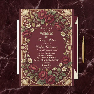 Art Nouveau Gouden Bourgondiërozen Elegante Trouwk Kaart