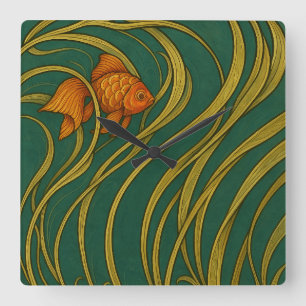 Art Nouveau Goudvis Vierkante Klok