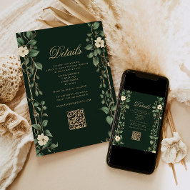 Art Nouveau Green and Gold Wedding QR Details Informatiekaartje
