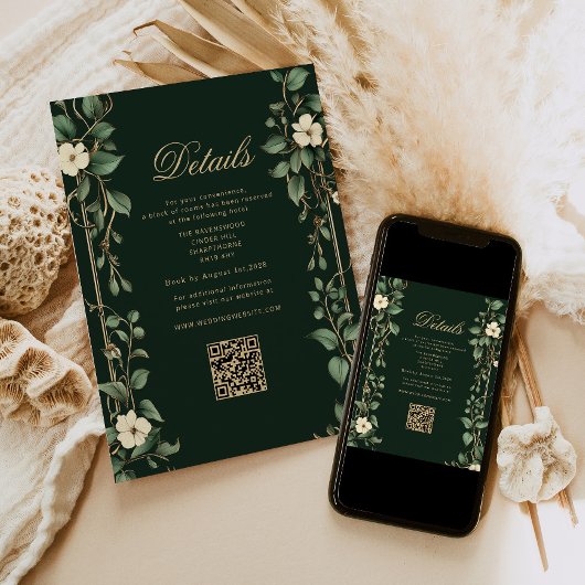 Art Nouveau Green and Gold Wedding QR Details Informatiekaartje