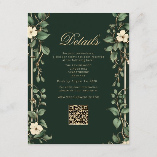 Art Nouveau Green and Gold Wedding QR Details Informatiekaartje (Voorkant)