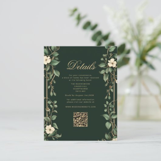 Art Nouveau Green and Gold Wedding QR Details Informatiekaartje (Staand voorkant)