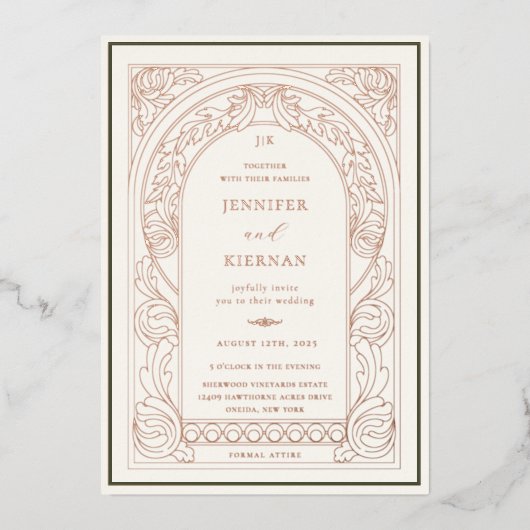 Art Nouveau Green Arch Bruiloft Folie Uitnodiging (Voorkant)