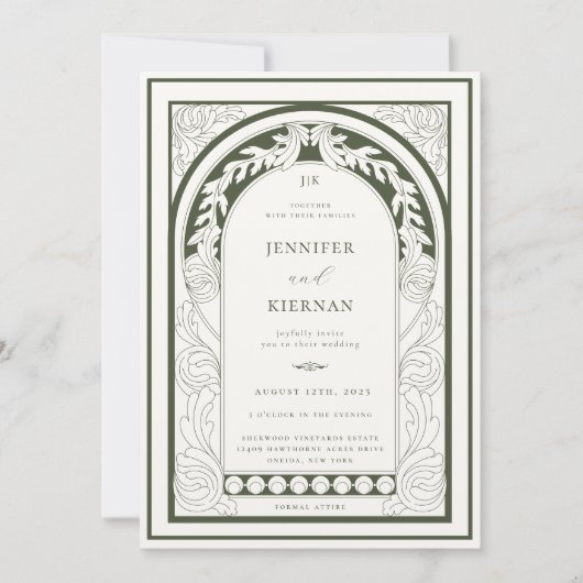 Art Nouveau Green Arch Bruiloft Kaart (Voorkant)