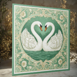 Art Nouveau Green Swan Couple Lake Floral Motifs  Tegeltje