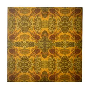 Art Nouveau Green Yellow Brown Floral Pattern Tegeltje