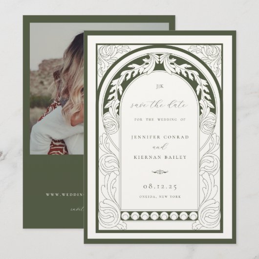 Art Nouveau Greenery Lijst Foto Save The Date (Voorkant / Achterkant)