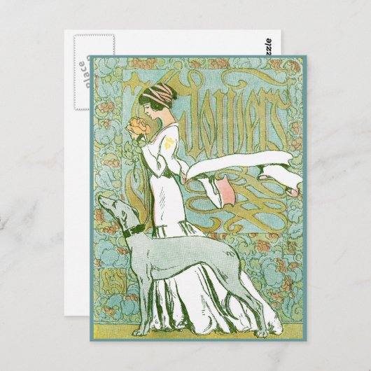 Art Nouveau Greyhound en Lady with Flower Briefkaart (Voorkant / Achterkant)