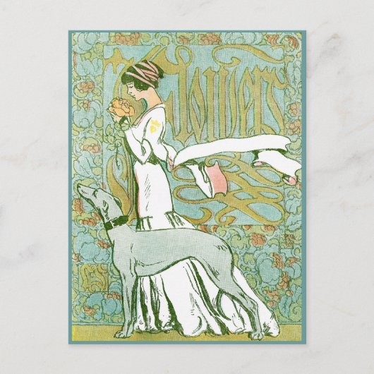 Art Nouveau Greyhound en Lady with Flower Briefkaart (Voorkant)