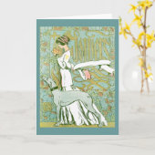 Art Nouveau Greyhound en Lady with Flower Kaart (Gele Bloem)