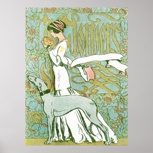 Art Nouveau Greyhound en Lady with Flower Poster (Voorkant)