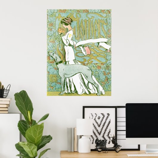 Art Nouveau Greyhound en Lady with Flower Poster (Thuiskantoor)