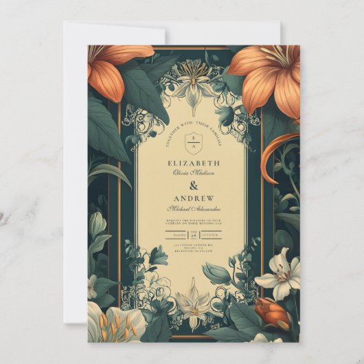 Art Nouveau grillige bloemenbruiloft Kaart (Voorkant)