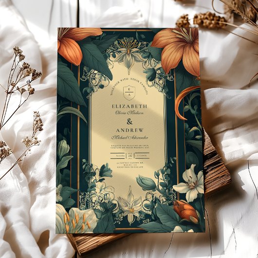 Art Nouveau grillige bloemenbruiloft Kaart