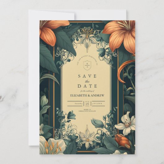 Art Nouveau grillige bloemenbruiloft Save The Date (Voorkant)
