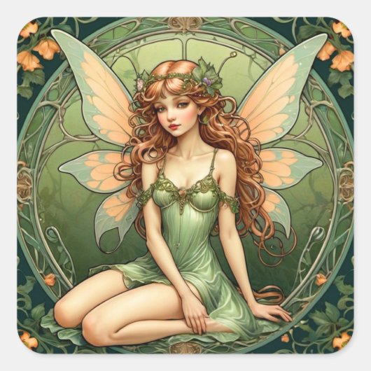 Art Nouveau Groene Fee Vierkante Sticker (Voorkant)