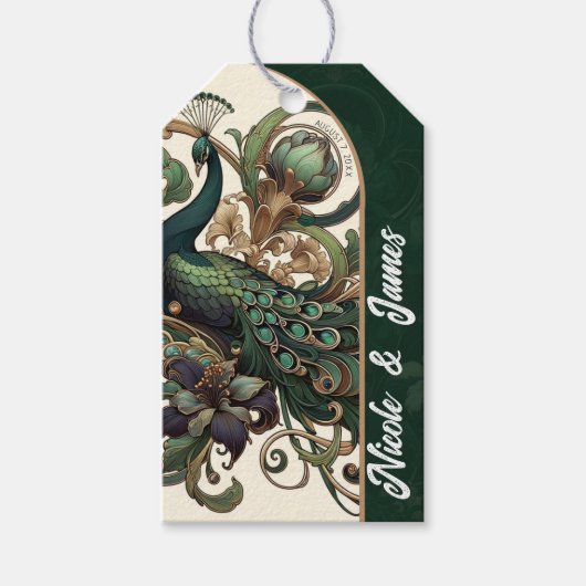 Art Nouveau Groene Smaragd  Peacock Bruiloft Cadeaulabel (Voorkant)