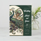 Art Nouveau Groene Smaragd  Peacock Bruiloft Kaart (Staand voorkant)
