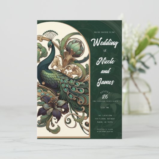 Art Nouveau Groene Smaragd  Peacock Bruiloft Kaart (Staand voorkant)