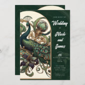 Art Nouveau Groene Smaragd  Peacock Bruiloft Kaart (Voorkant / Achterkant)