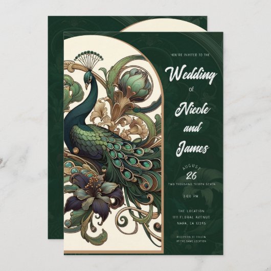 Art Nouveau Groene Smaragd  Peacock Bruiloft Kaart (Voorkant / Achterkant)