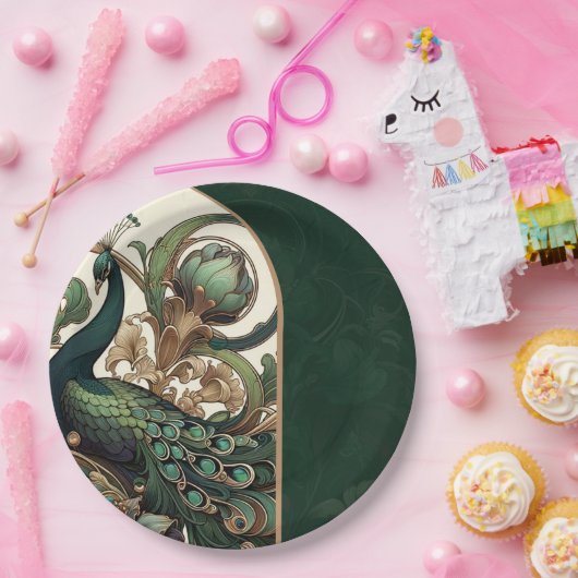 Art Nouveau Groene Smaragd  Peacock Bruiloft Papieren Bordje (Feest)