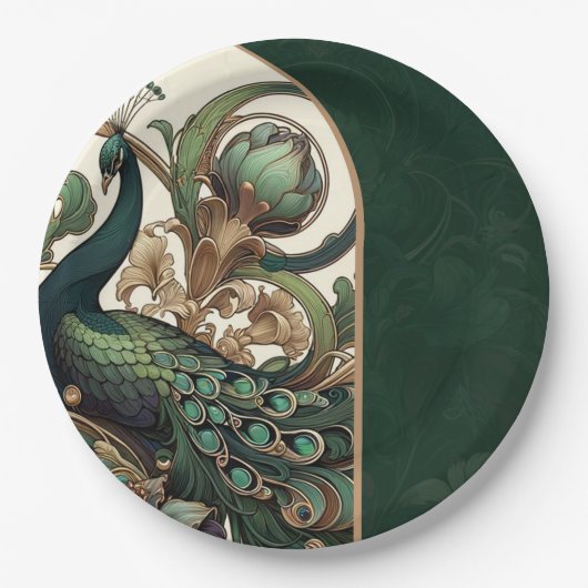 Art Nouveau Groene Smaragd  Peacock Bruiloft Papieren Bordje (Voorkant)