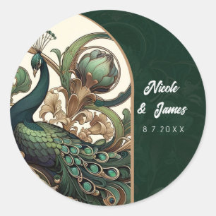 Art Nouveau Groene Smaragd Peacock Bruiloft Ronde Sticker