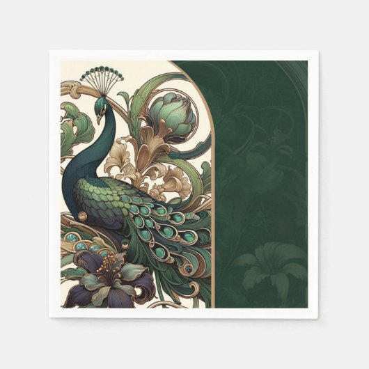 Art Nouveau Groene Smaragd  Peacock Bruiloft Servet (Voorkant)
