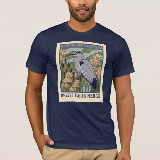 Art Nouveau Grote Blauwe Heron T-shirt (Voorkant)