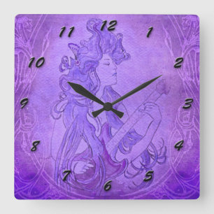 Art Nouveau Guitar Girl  Clock Paars Vierkante Klok