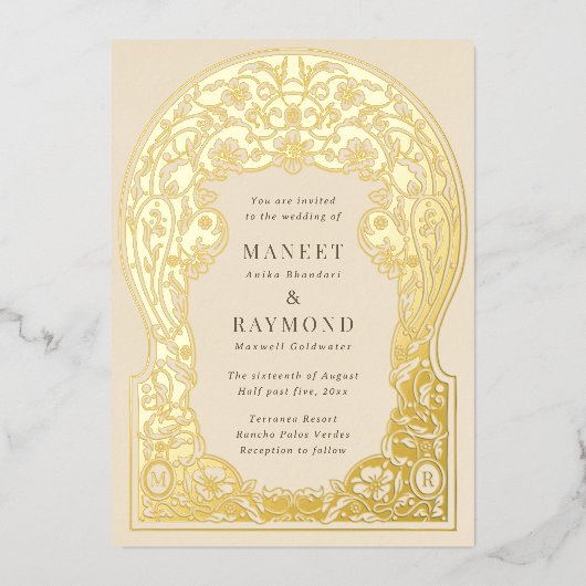 Art Nouveau Hand getrokken bloesems Initialen brui Folie Uitnodiging (Voorkant)