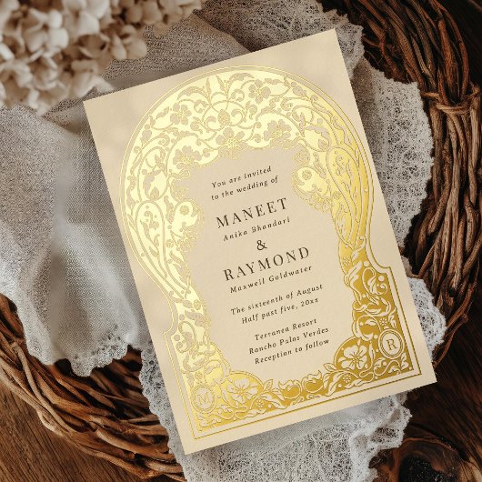 Art Nouveau Hand getrokken bloesems Initialen brui Folie Uitnodiging