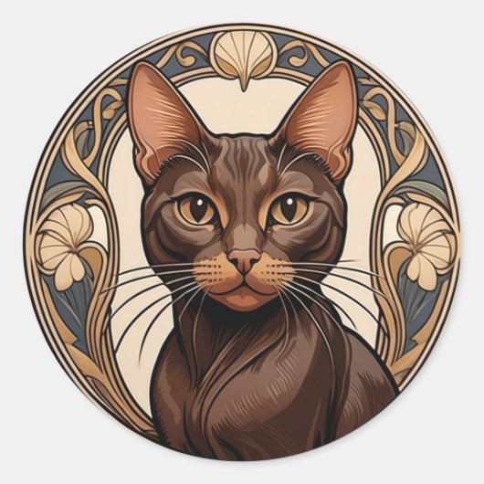 Art Nouveau Havana Brown Cat Ronde Sticker (Voorkant)