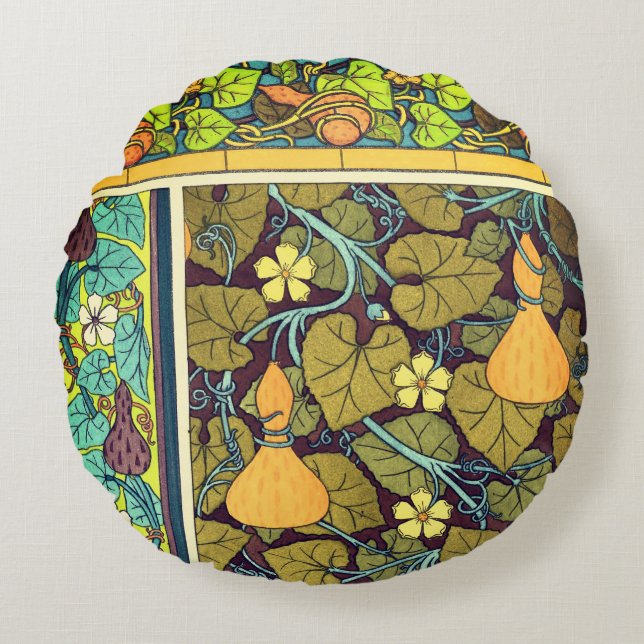 Art nouveau herfst bloemensierlijke kalebas paarse rond kussen (Voorkant)
