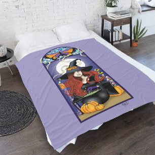 Art Nouveau Herfst Heks Pompoenen Paarse Maan Fleece Deken