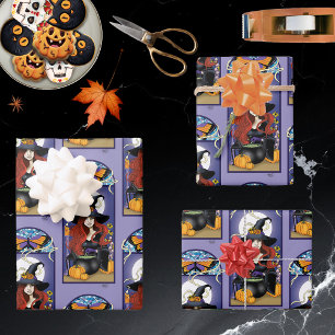 Art Nouveau Herfst Heks Pompoenen Paarse Maan Inpakpapier Vel