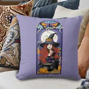 Art Nouveau Herfst Heks Pompoenen Paarse Maan Kussen