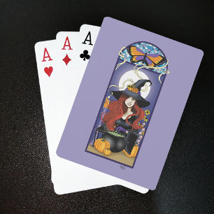 Art Nouveau Herfst Heks Pompoenen Paarse Maan Pokerkaarten